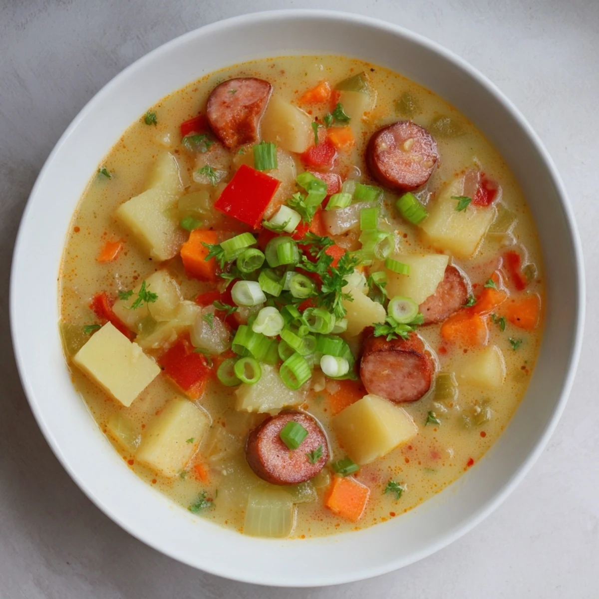 Garnished Slow Cooker Cajun Potato Soup with green onions, offering a warm and savory aroma.