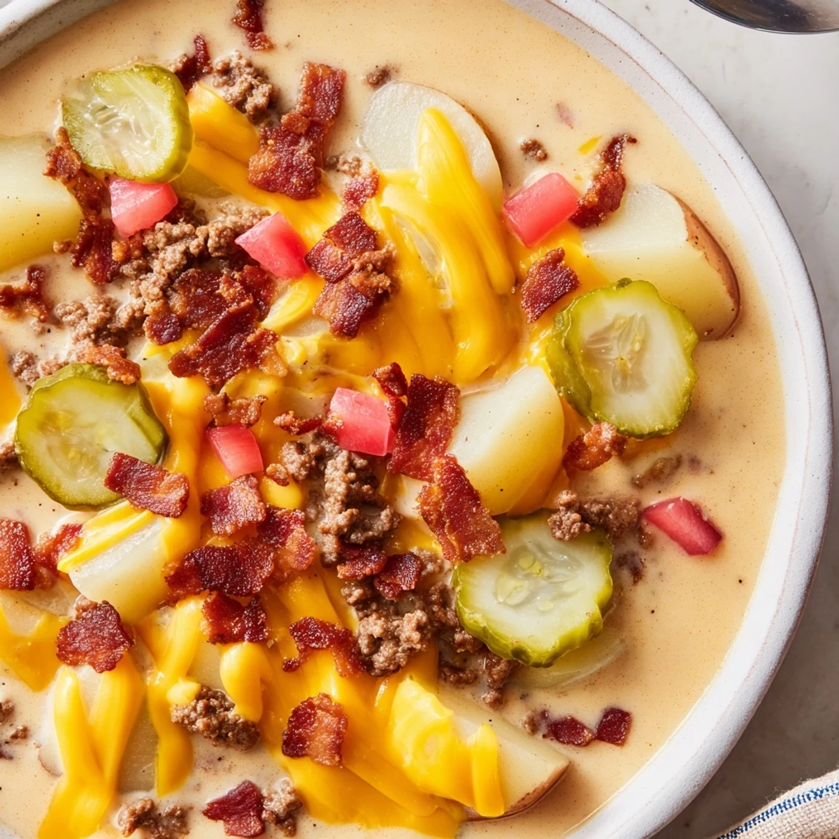Crockpot Cheeseburger Soup: A creamy bowl showcases warm colors, topped with crispy bacon and fresh cheddar.