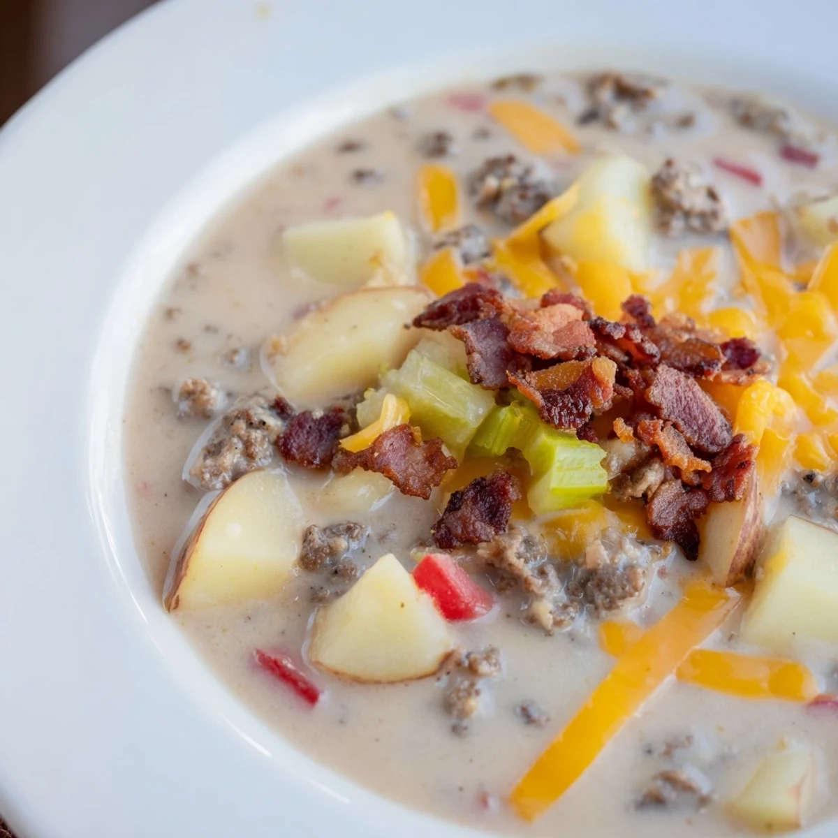 Steaming Crockpot Cheeseburger Soup: imagine savory beef, melting cheese, and bacon; delicious comfort food.