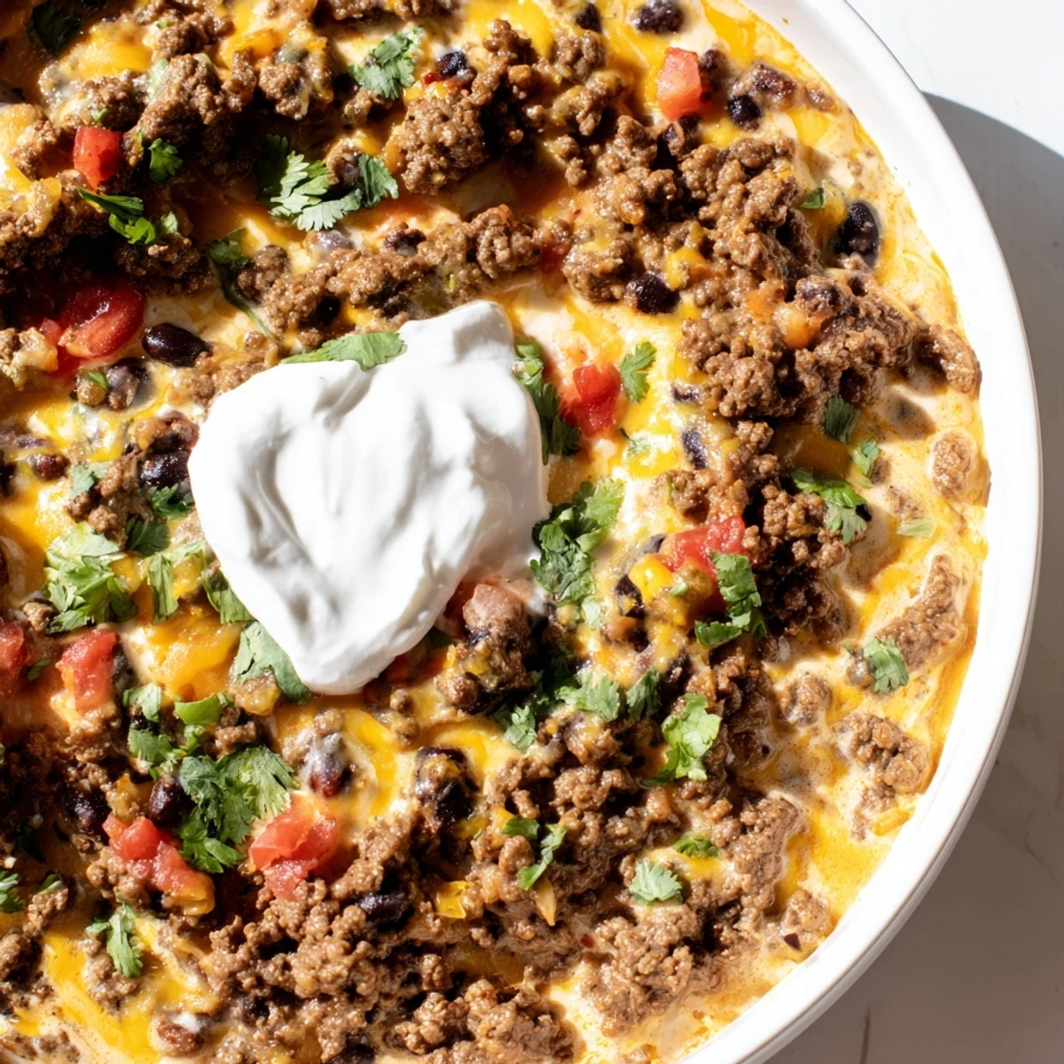 Steaming Slow Cooker Cream Cheese Taco Dip with melted cheese, perfect for dipping tortilla chips.