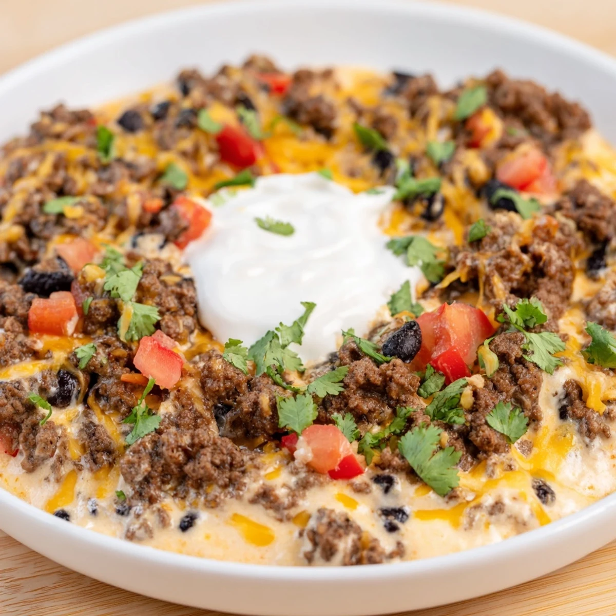 A generous bowl of warm Slow Cooker Cream Cheese Taco Dip, a creamy Tex-Mex appetizer for a party.