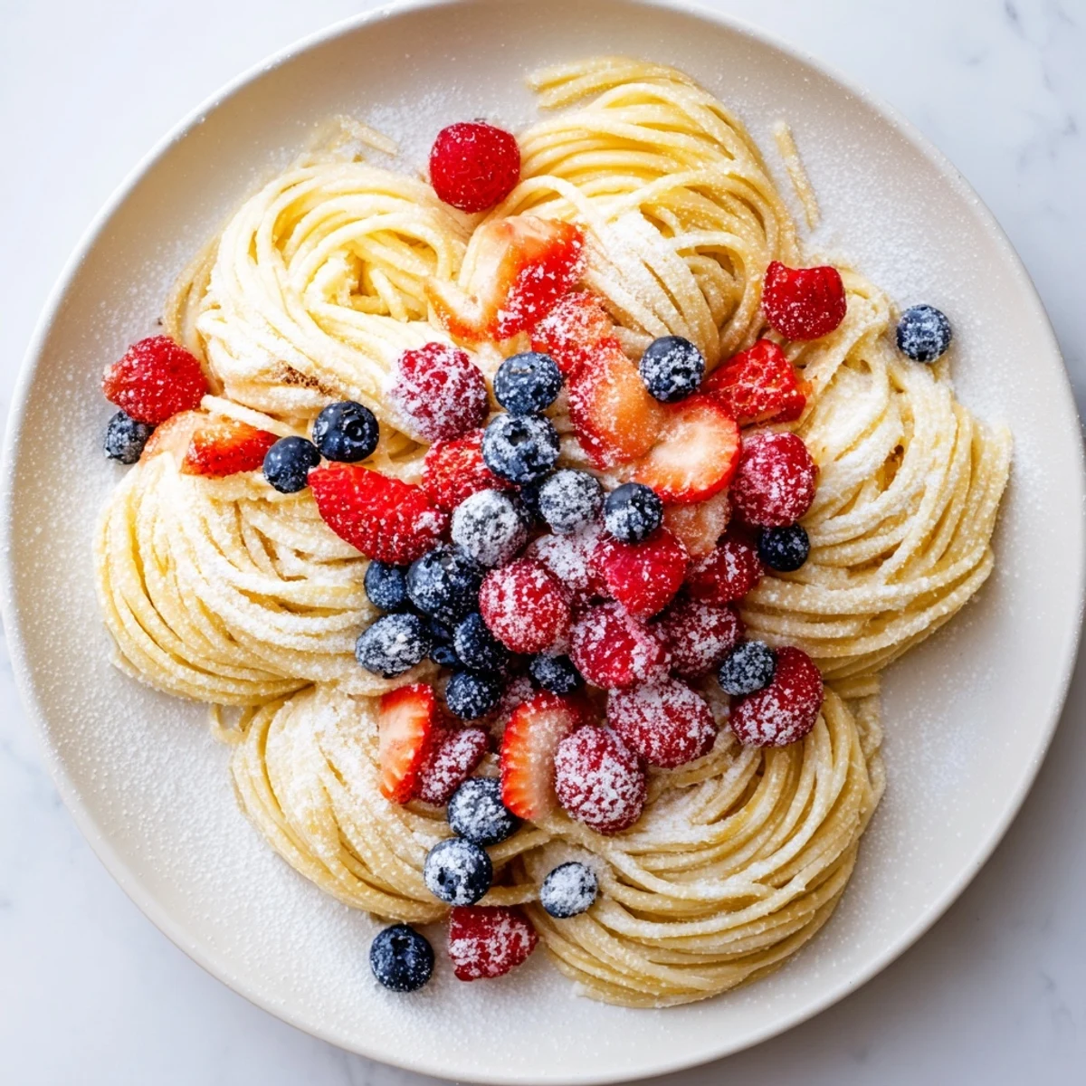Quick Festive Pancake Spaghetti, a brunch dream: fluffy, piping-hot strands with vibrant berries.