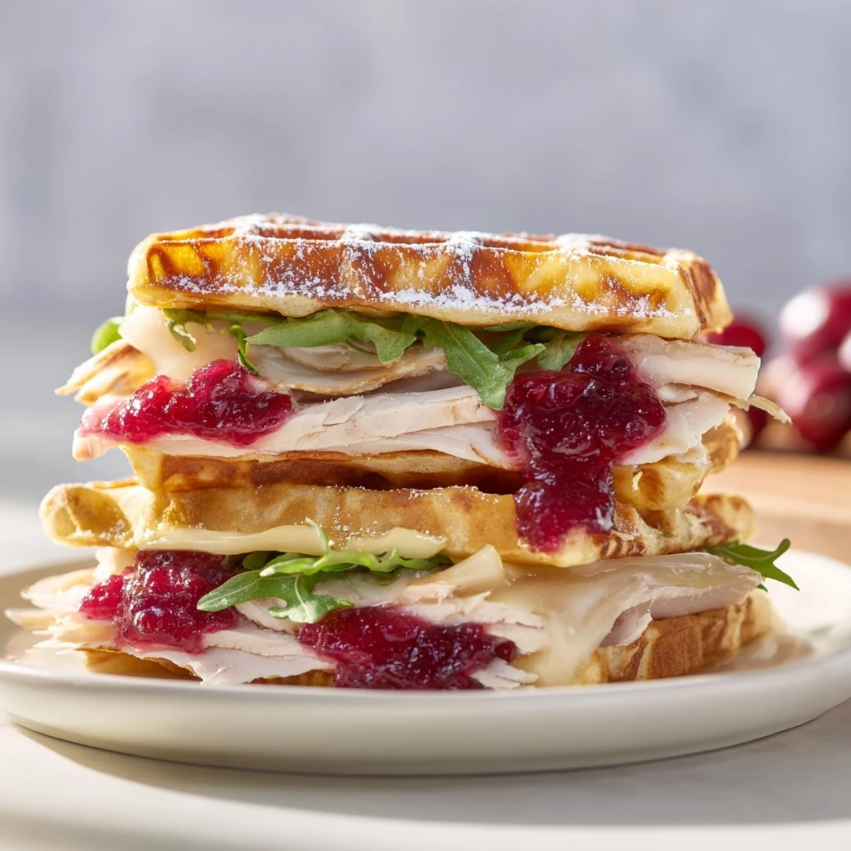 Golden, crispy Easy Holiday Waffle Sandwiches, stacked with turkey, cranberry sauce, and melted cheese, ready to eat.