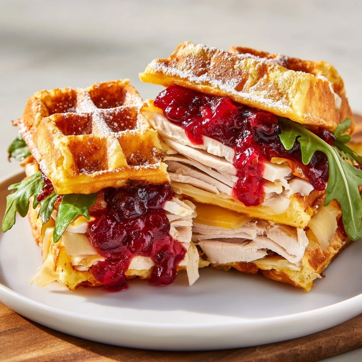 A close-up view of the delicious Easy Holiday Waffle Sandwich, showcasing warm turkey and savory toppings inside.