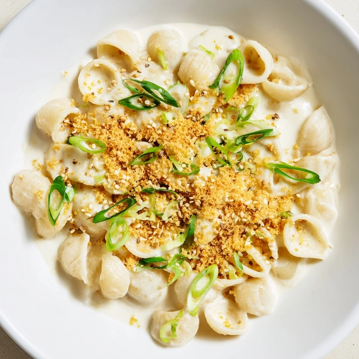 Close-up of luscious Japanese-inspired creamy miso ditalini, showcasing the rich, umami sauce.