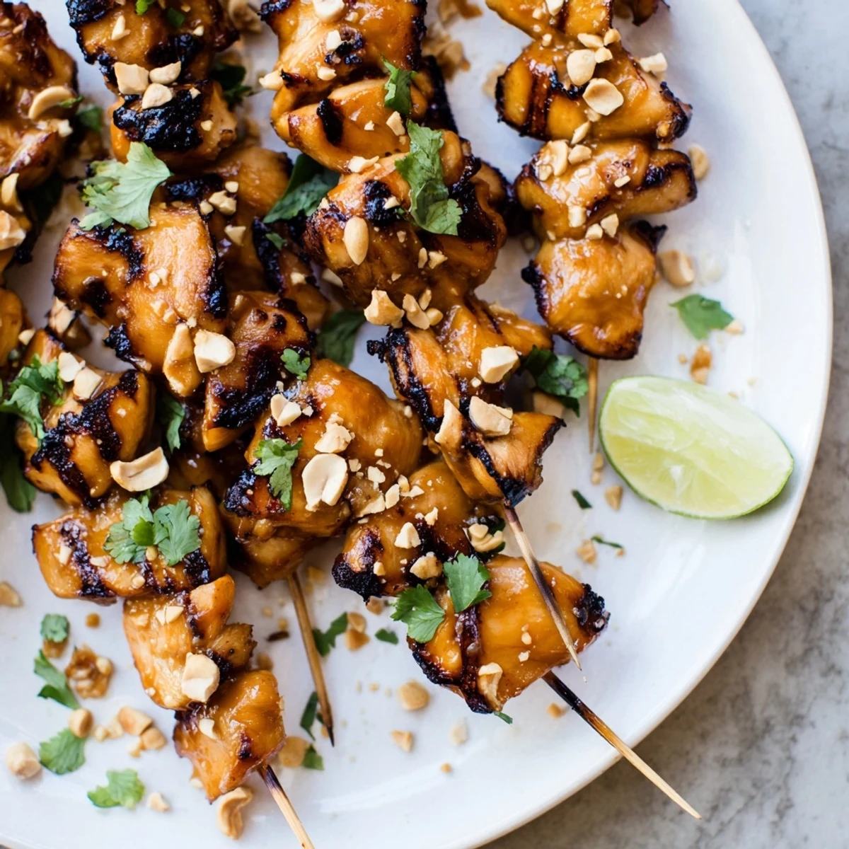 Aromatic Spicy Peanut Satay Chicken Skewers smoking on the grill, ready for your summer feast.