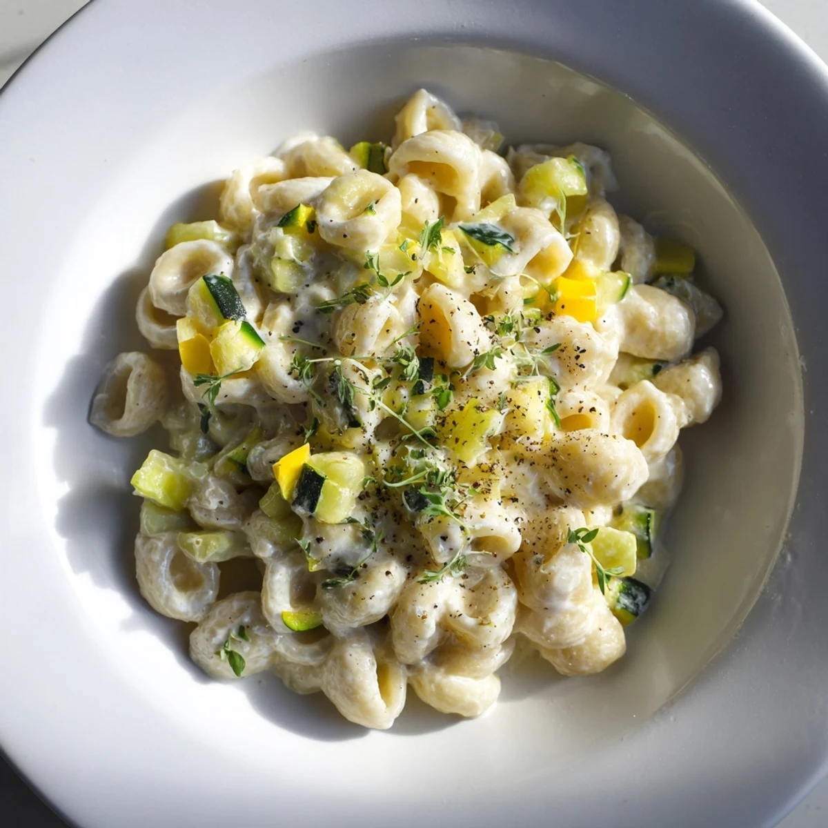 Tender zucchini and ditalini pasta swim in a creamy sauce in this one-pot recipe.