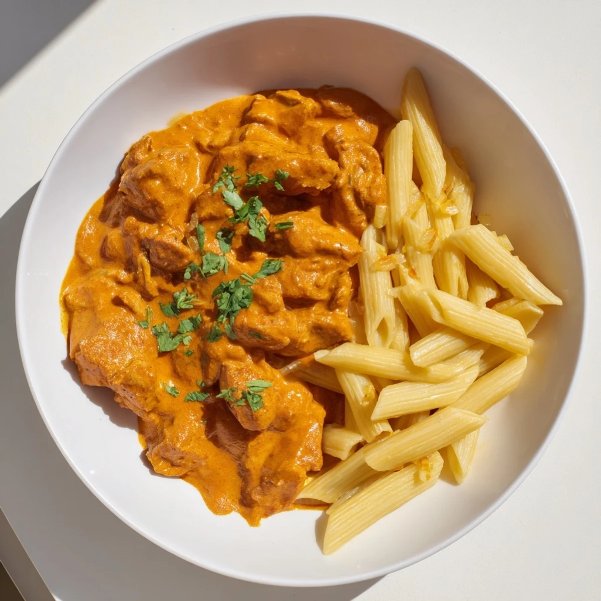 A close-up of delicious Creamy Chicken Tikka Masala pasta with a rich, flavorful tomato-cream sauce.