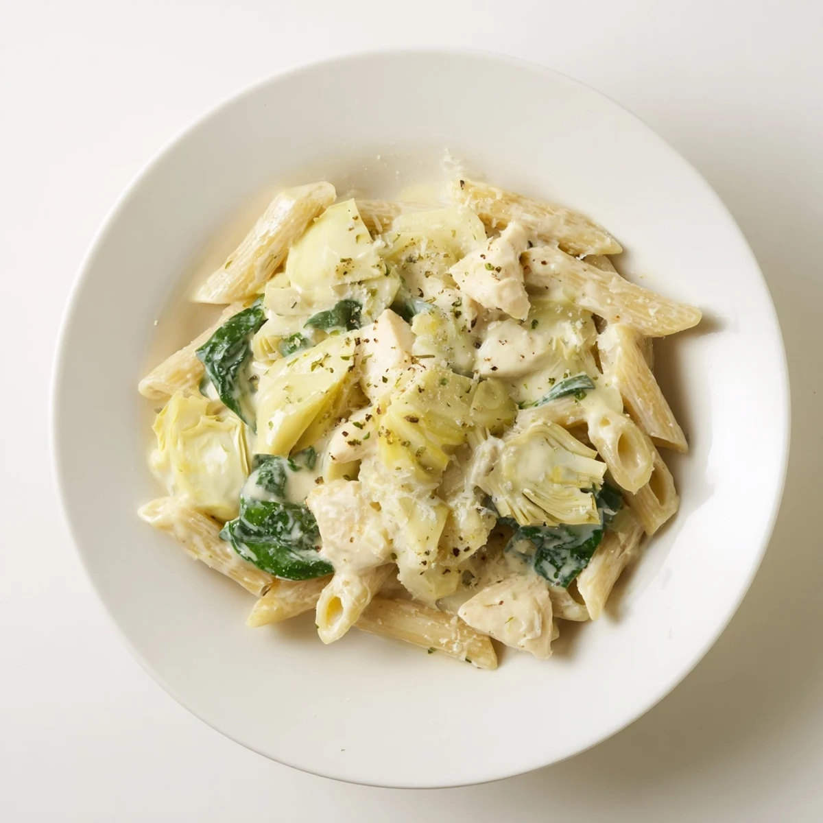 A bubbling skillet of Creamy Spinach Artichoke Protein Pasta ready to serve with Parmesan.