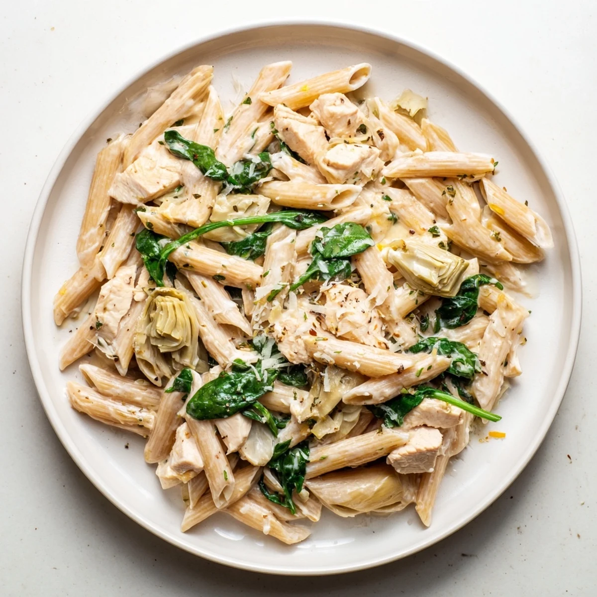 This creamy Spinach Artichoke Protein Pasta skillet features tender spinach, creamy sauce, and savory artichokes.