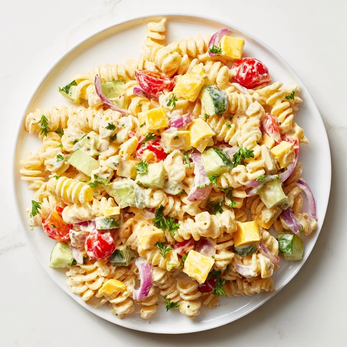This creamy Greek Yogurt Million Dollar Christmas Pasta Salad features colorful veggies and tangy dressing.