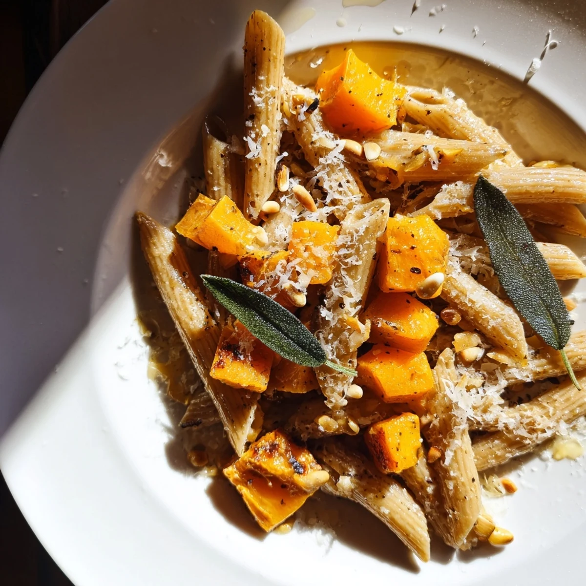 A steaming bowl of comforting butternut squash & sage brown butter pasta, garnished with fresh sage.