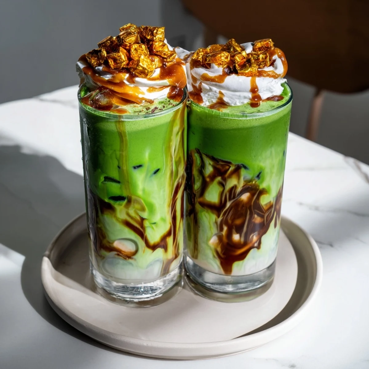 Creamy, layered Caramel Brulée Iced Matcha Christmas Coffee Dupe, a delicious beverage topped with whipped cream.