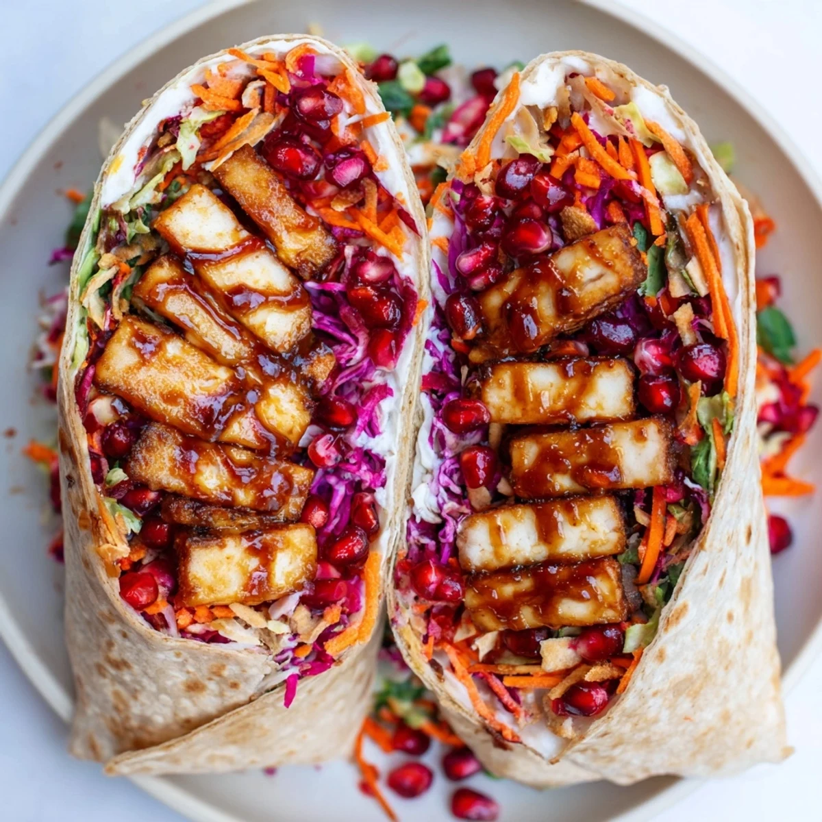Crispy sweet chili tofu crunch wrap, featuring vibrant holiday slaw, perfect for a flavorful vegan lunch.