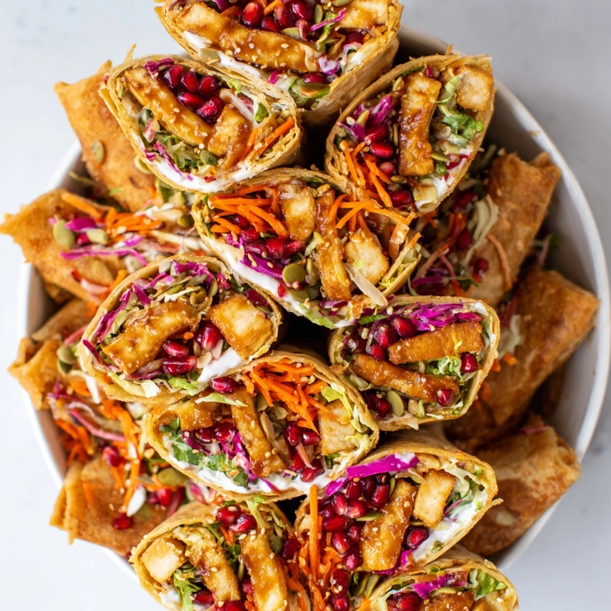 Enjoy a satisfying bite of this delicious sweet chili tofu crunch wrap, ideal for a festive gathering.