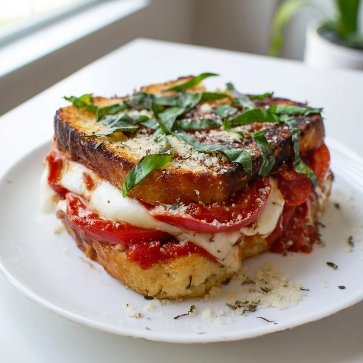 Visualizing the bubbling, cheesy Air Fryer Pizza Margherita Grilled Cheese alongside a fresh basil garnish.
