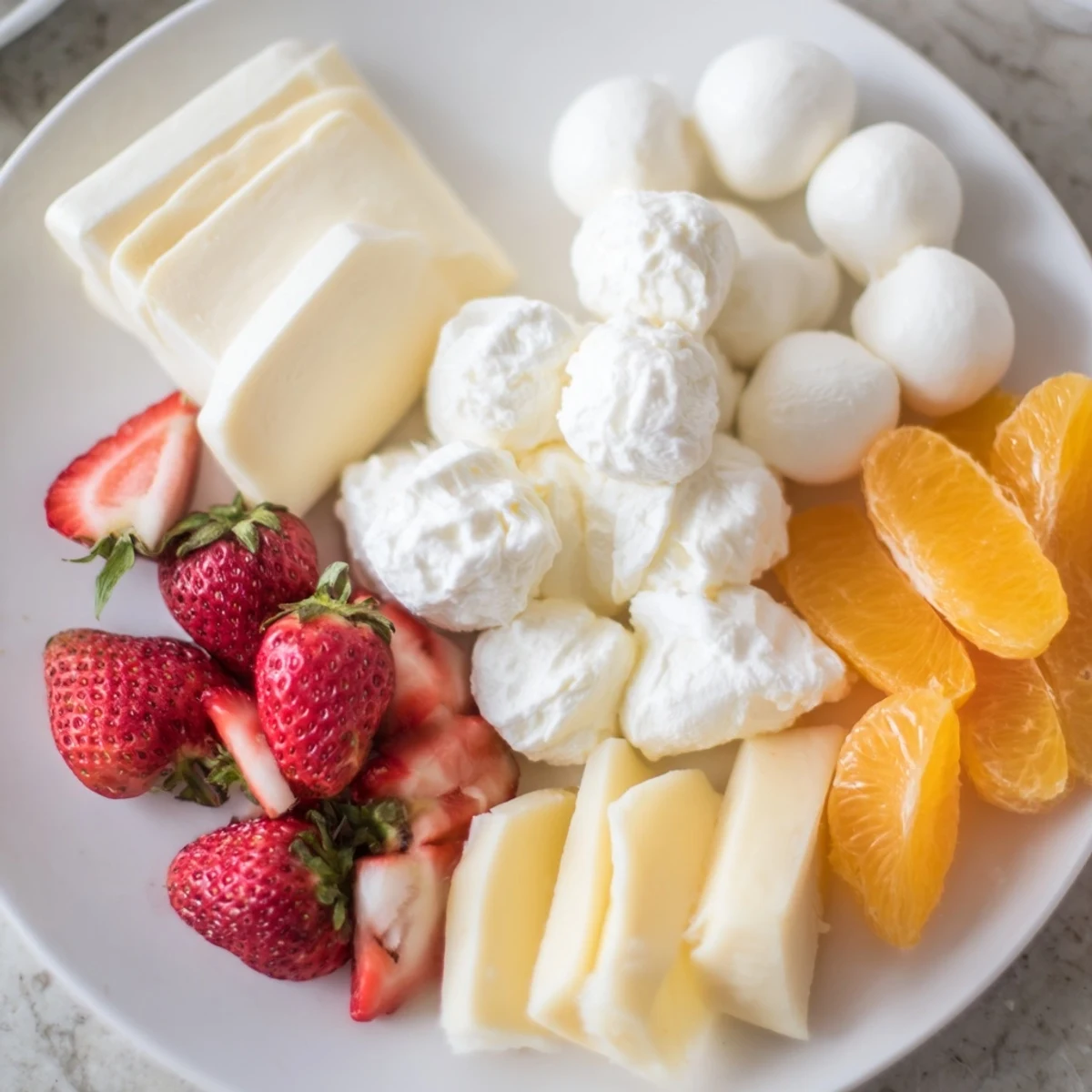 Vibrant Cloud & Rainbow Grazing Board: colorful fruits and cheeses arranged in artistic rainbow pattern.