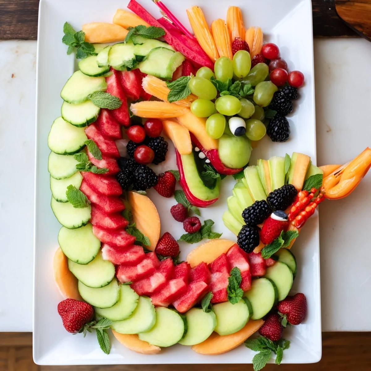 Vibrant dragon-shaped fruit tray, bursting with fresh melon and berries, is a perfect party appetizer.
