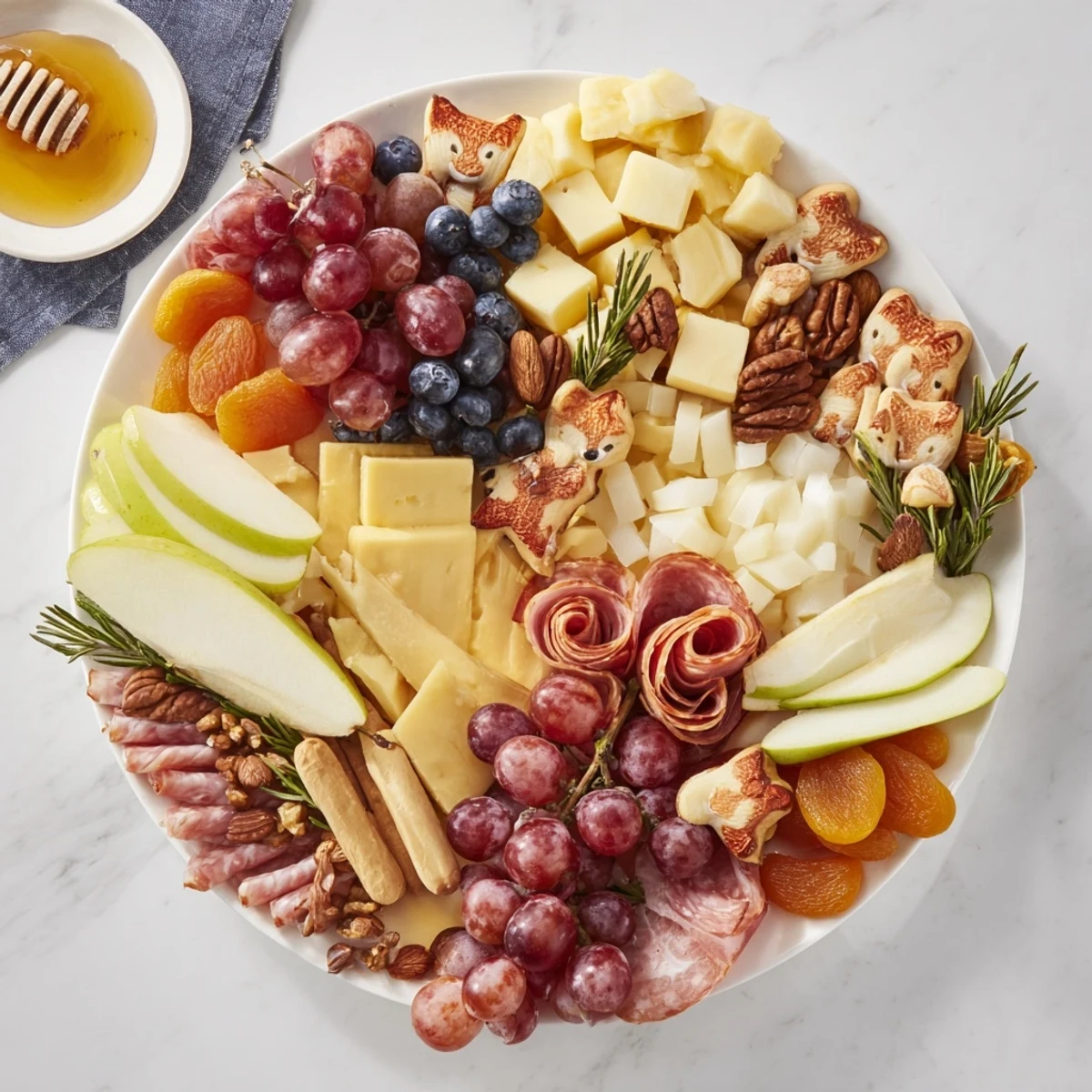 Cozy Forest Animal Board: a delicious, inviting grazing spread featuring a variety of cheeses and fruits.