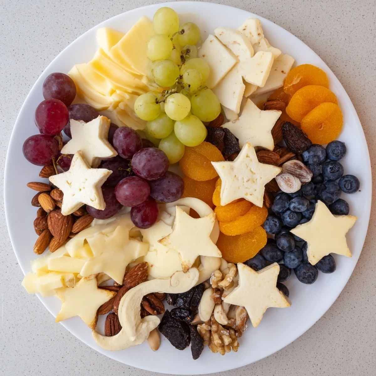 Golden brie stars and moon-shaped gouda cheese adorn this Moon & Stars Night Board.