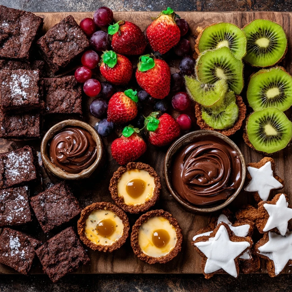A delightful Star-Studded Dessert Board spread with colorful fruits, brownies, and creamy dips for sharing.
