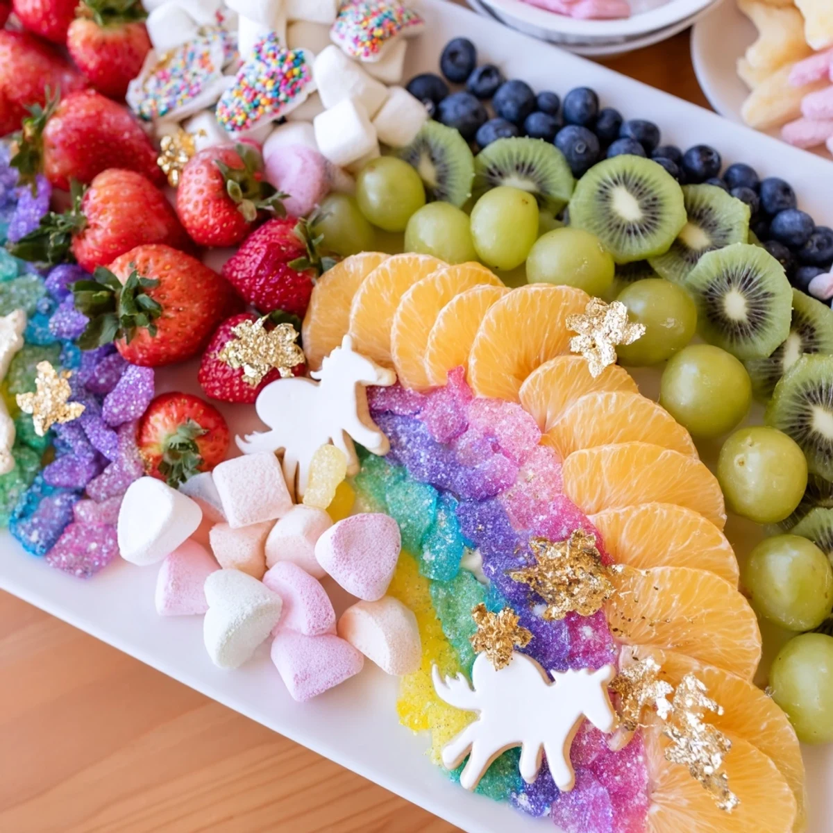 This festive Magical Unicorn Rainbow Dessert Board is filled with sweet treats, perfect for any party gathering.
