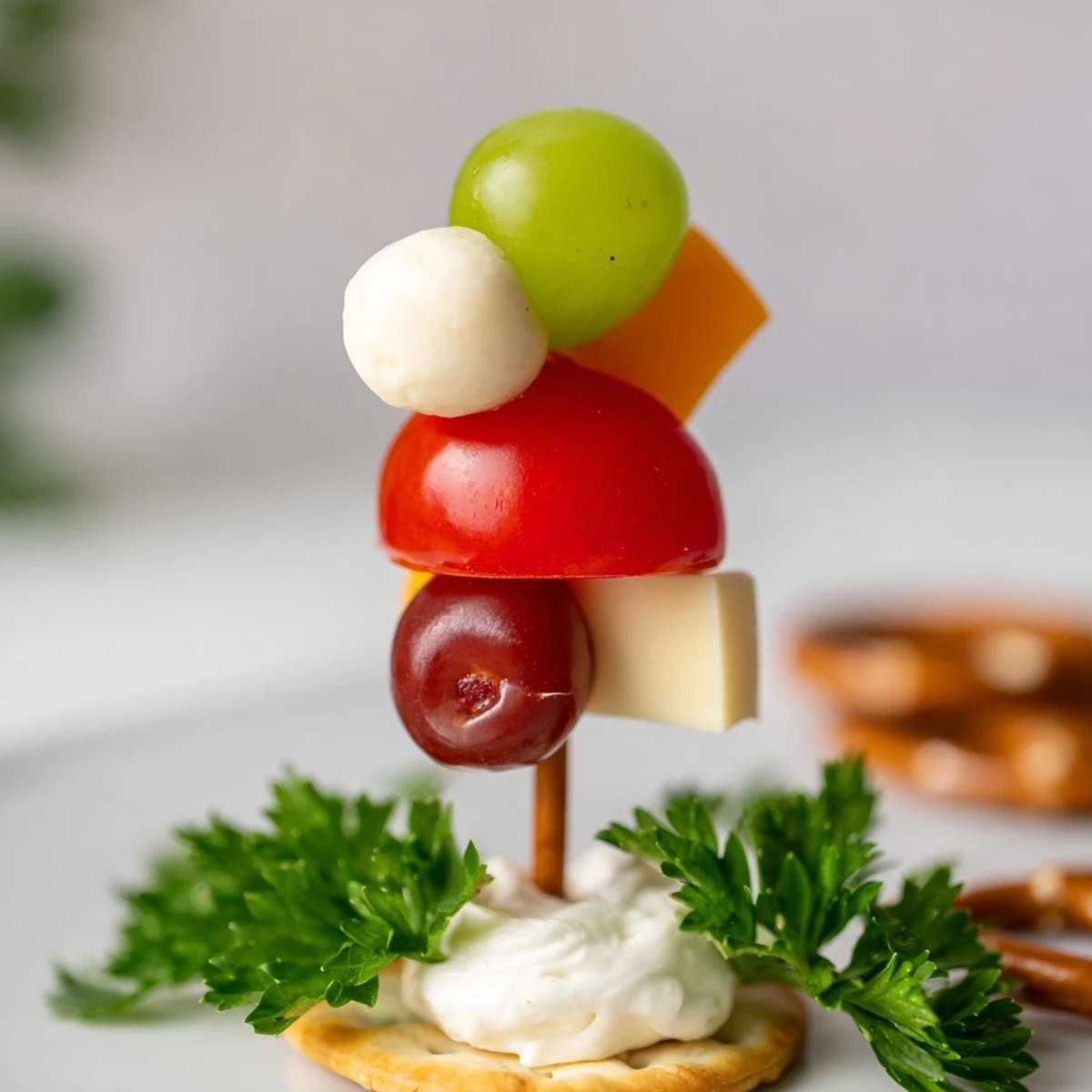 Kid-friendly Up, Up, & Away Hot Air Balloon Snacks: pretzel sticks topped with cheese and colorful fruit.