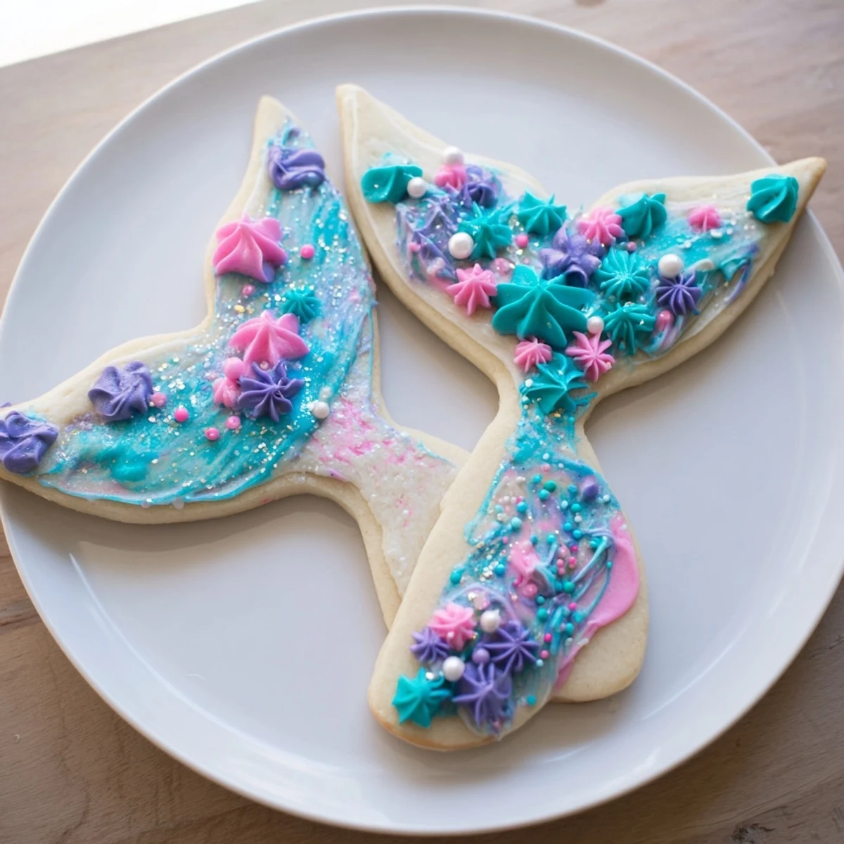 Vibrant teal and purple buttercream adorn these delightful Mermaid Tail Sweets, ready to be enjoyed.