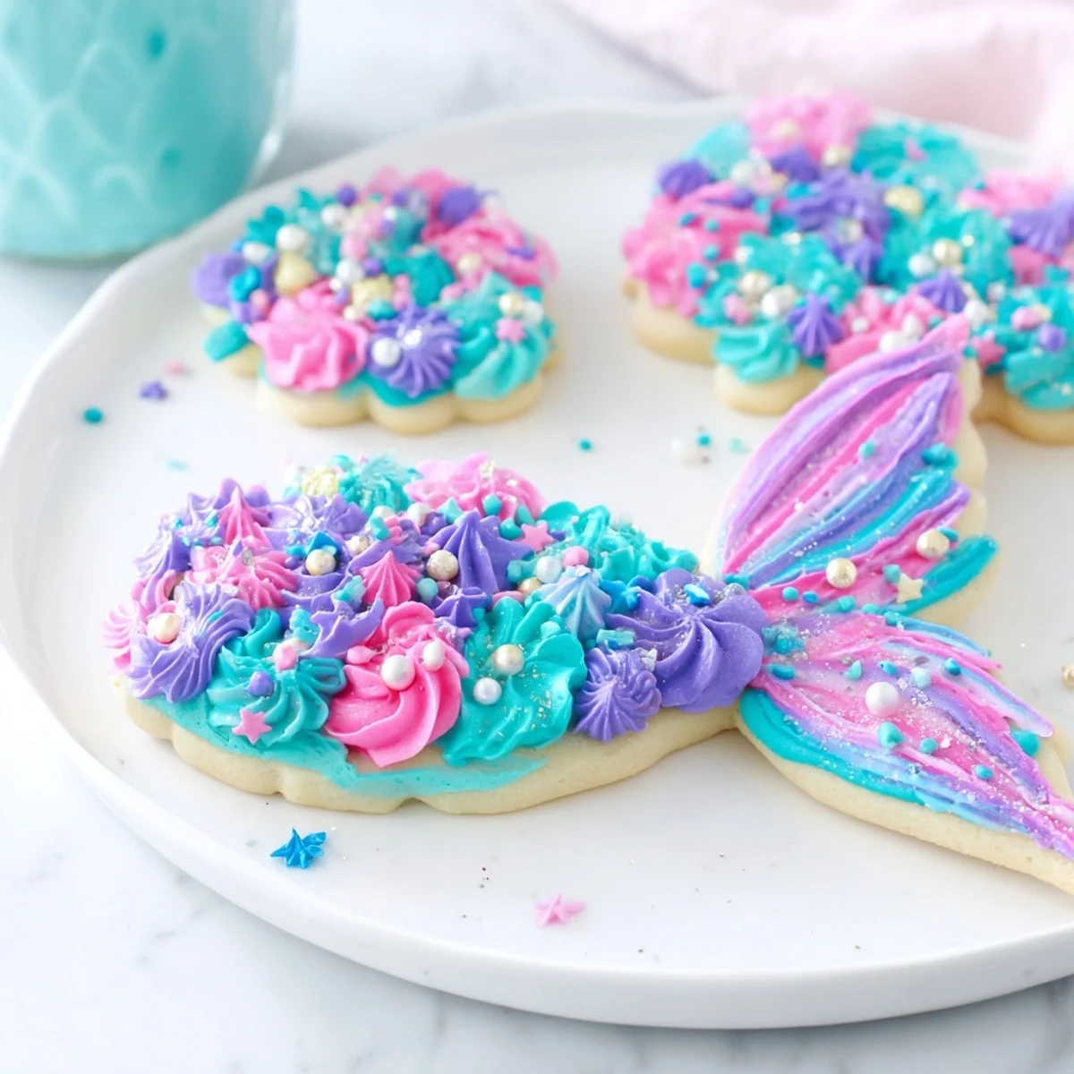 Close-up of frosted Mermaid Tail Sweets, each shaped to resemble a shimmering underwater tail.