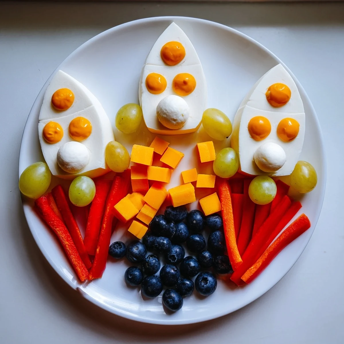 Blast Off Spaceship Snack Board with colorful planets, cheese rockets, and veggie flames, tempting snacks!