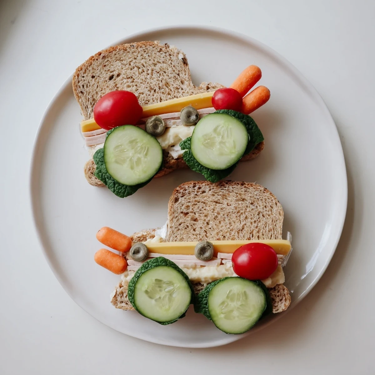 Road Trip Ready Car-Shaped Lunch featuring a vibrant car sandwich, complete with carrot bumpers and olive wheels.