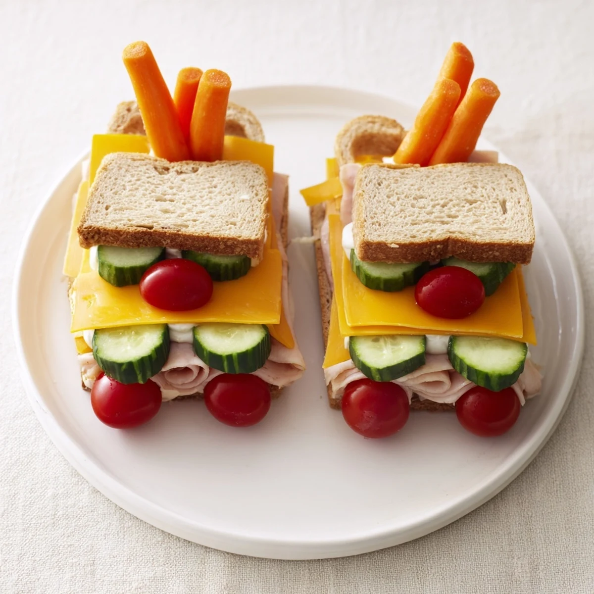 Kid-friendly Road Trip Ready Car-Shaped Lunch, featuring appealing veggie sides, arranged in a car-shaped sandwich.