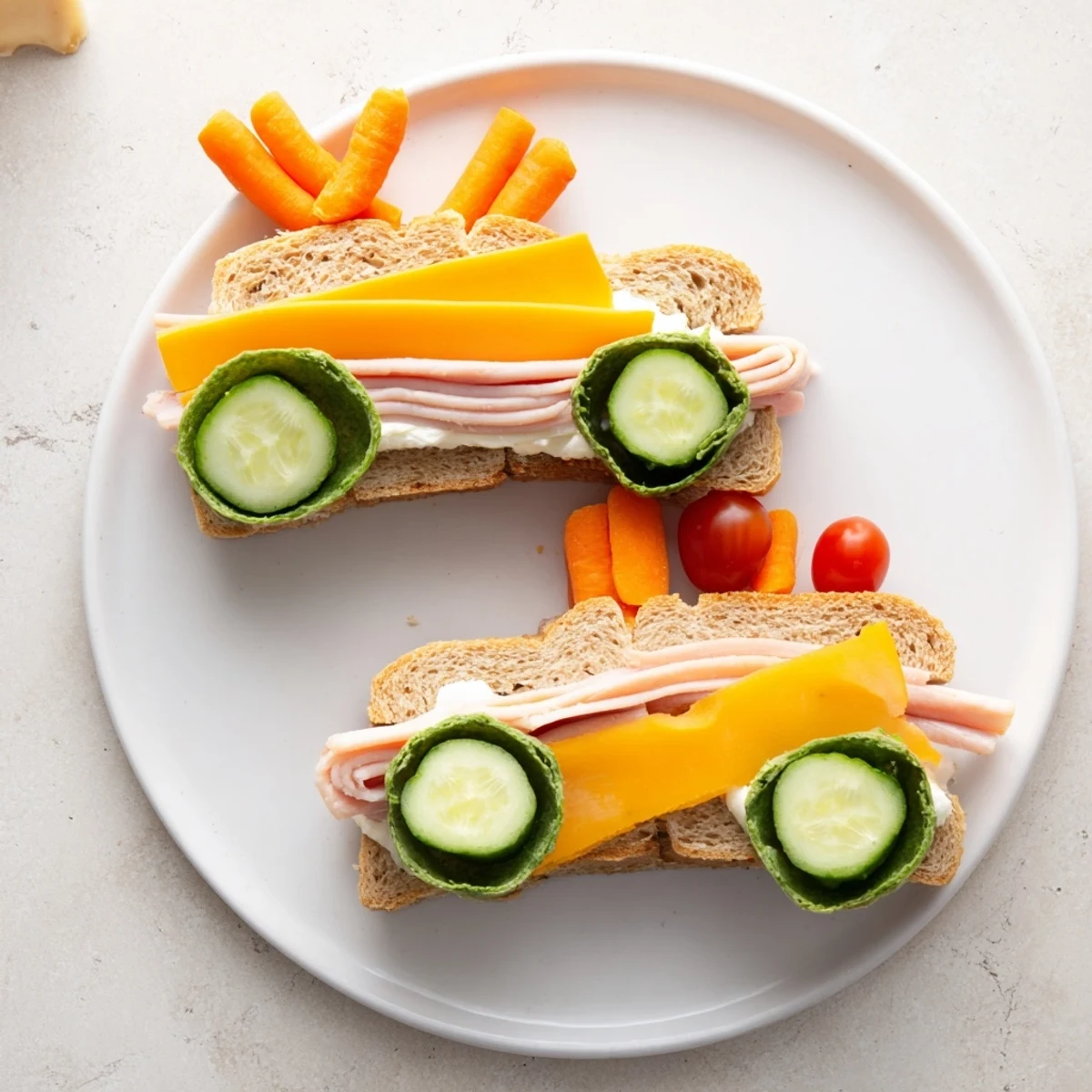 A colorful Road Trip Ready Car-Shaped Lunch, ready to eat, with creative sandwiches and healthy side snacks for travel.