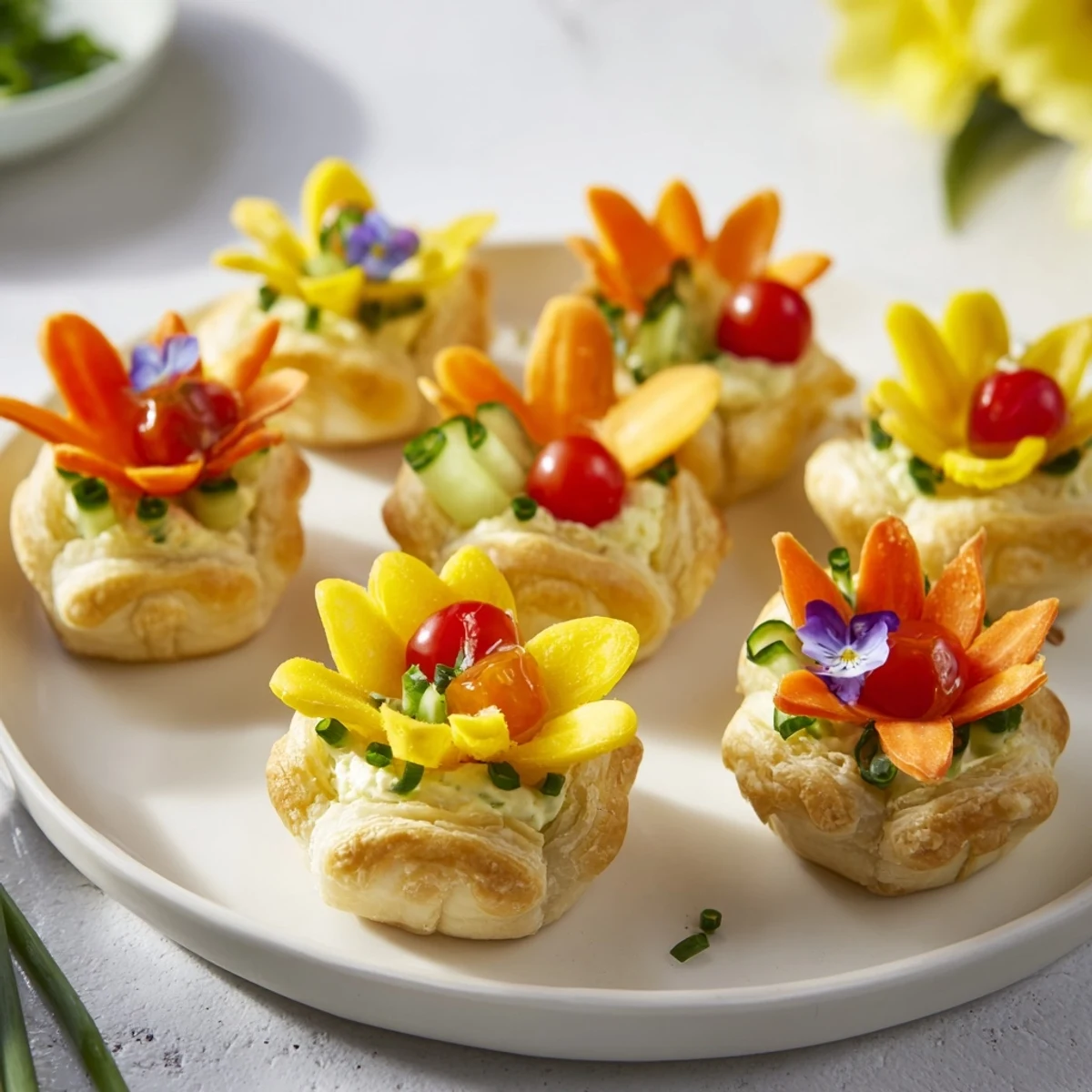 Golden-brown Fairy Garden Flower Shaped Snacks topped with colorful vegetable garnishes, ready to eat!