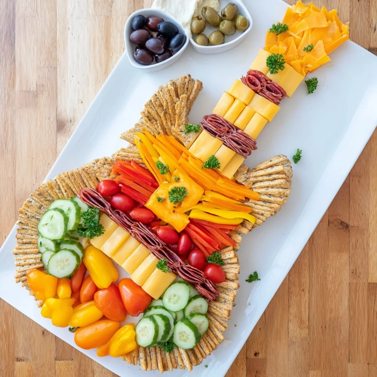 Tempting Rock Star Guitar Snack Platter: a vibrant spread with cheese, crackers, and colorful veggies.