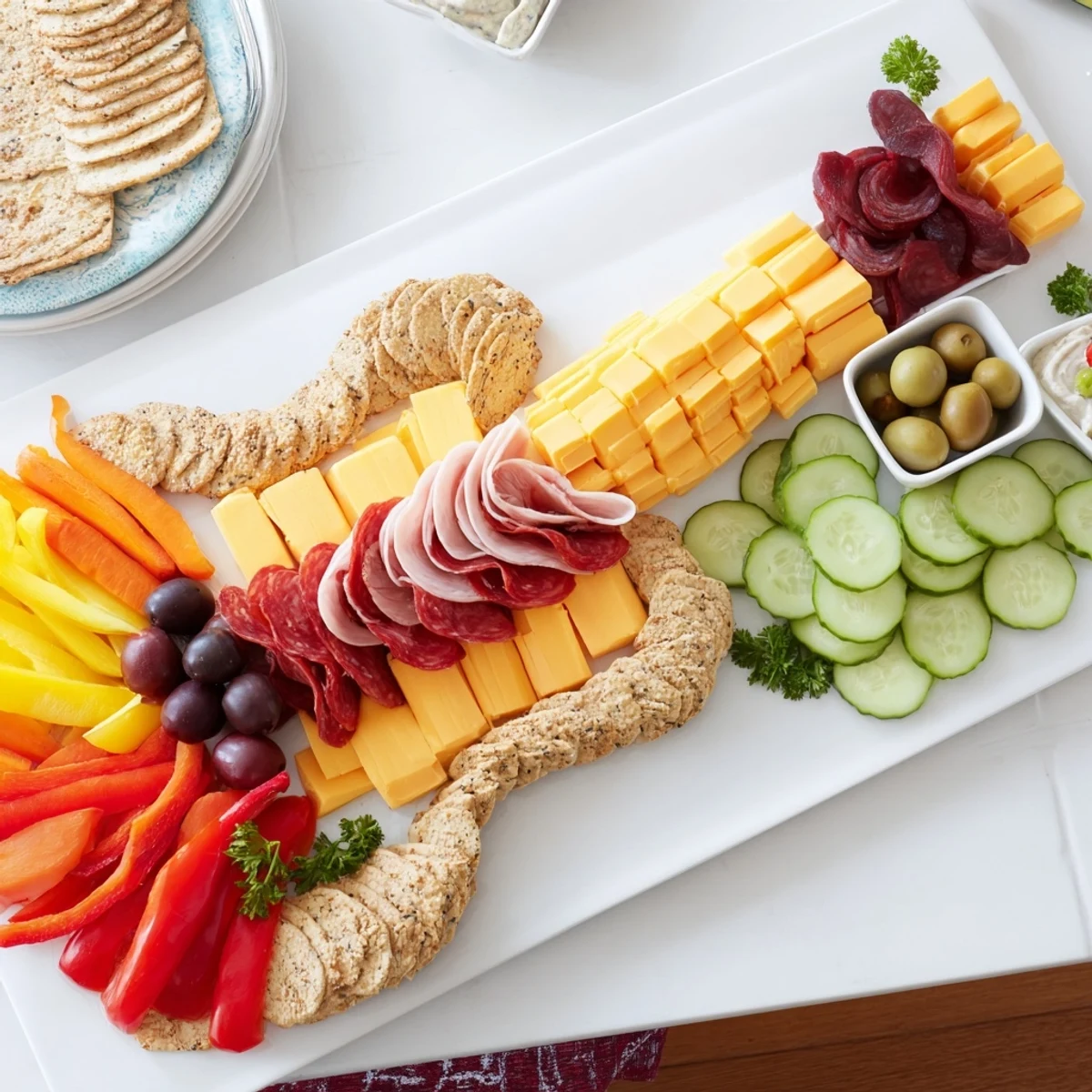 Enjoy a Rock Star Guitar Snack Platter, featuring cheese, crackers, and fresh vegetables for a tasty appetizer.