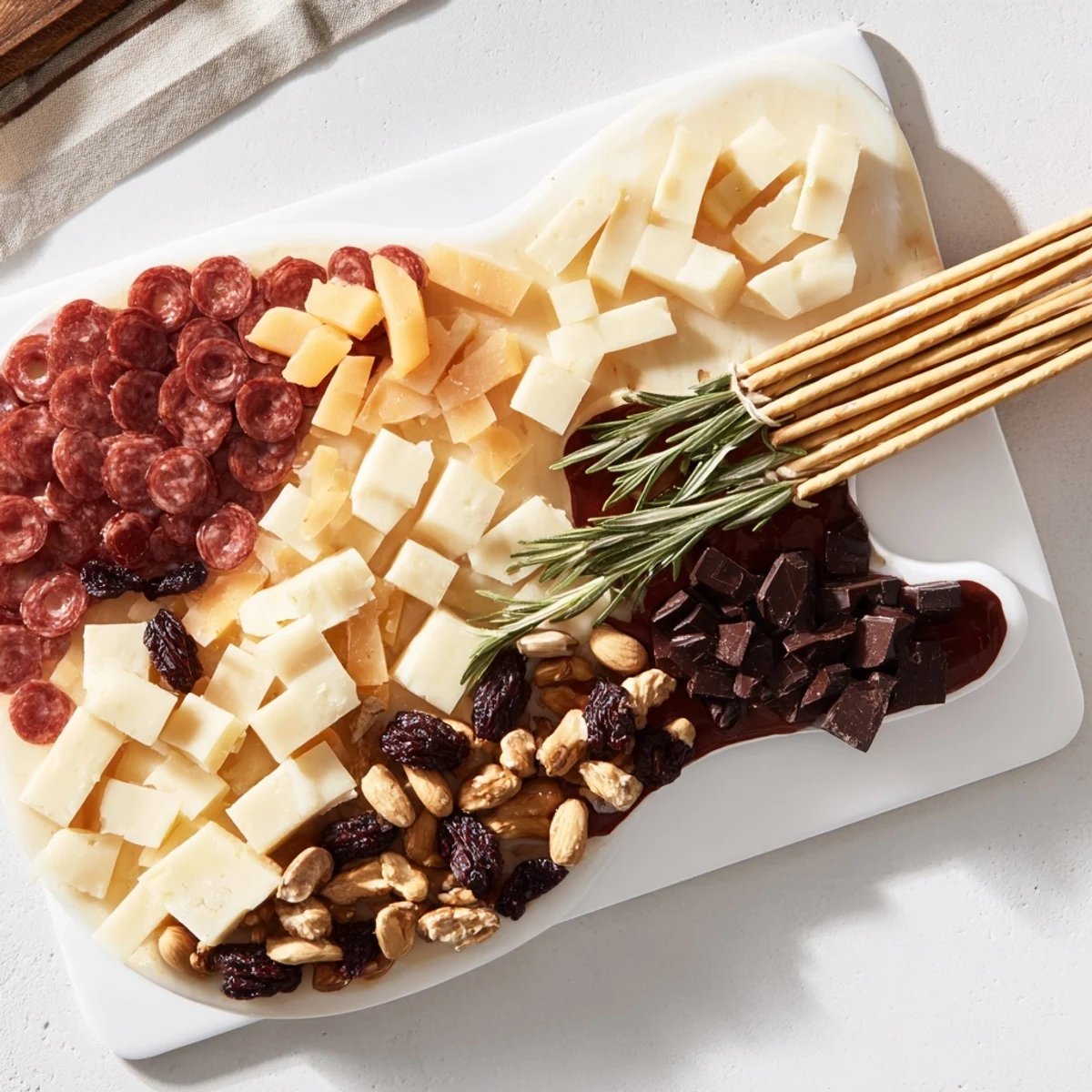 Rock Star Guitar Platter arranged with cheeses, meats, and fruit, ready to impress guests.