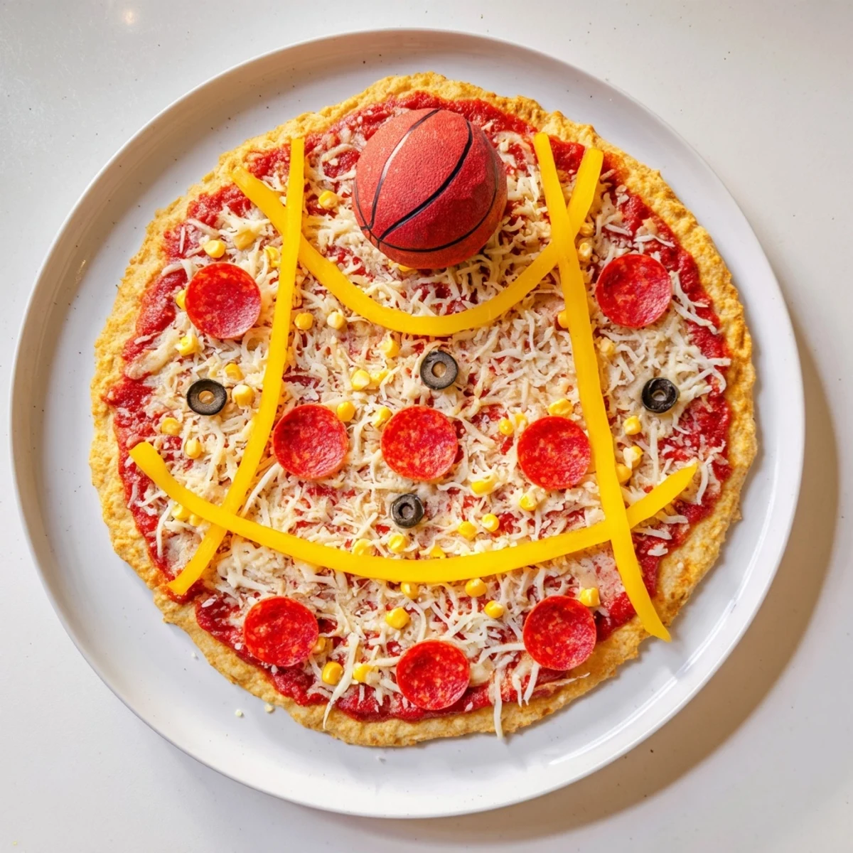 Basketball court pizza with vibrant bell peppers and cheesy toppings, perfect for a party.
