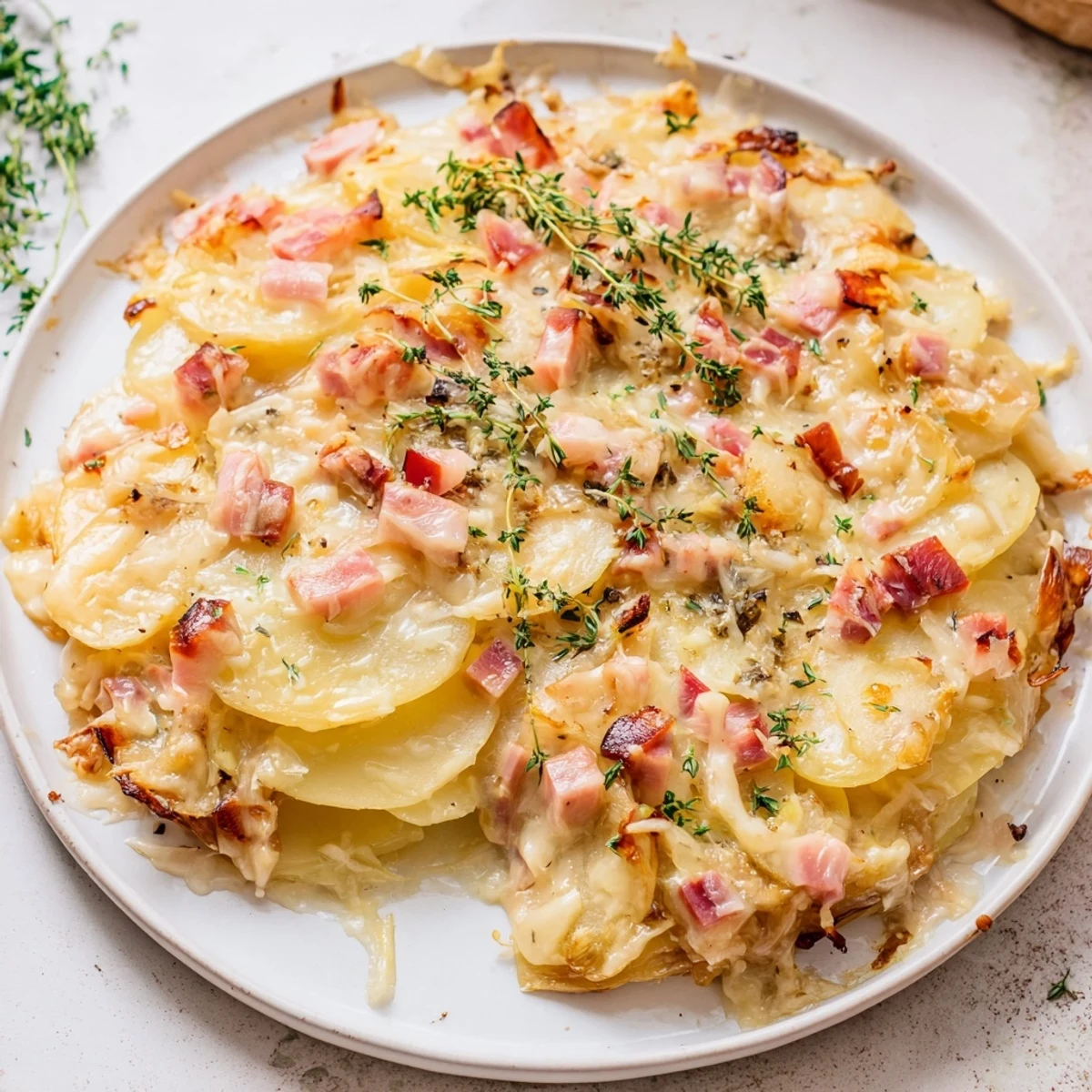 A golden-brown Plateau Moufle Chaud et Confortable, bubbly with melted cheese and crispy ham.