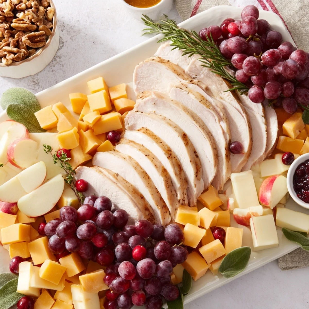 A beautiful Turkey Cheese and Cracker Board overflowing with turkey, cheeses, crackers, and fruits for Thanksgiving.