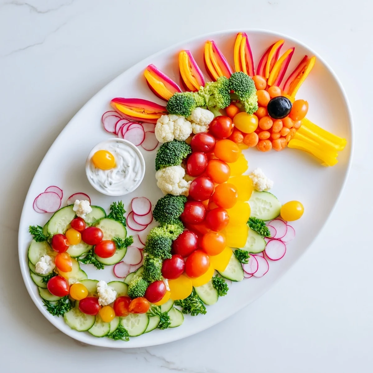 Enjoy a delicious Seahorse Veggie Dip Platter, perfect for kids, with crisp vegetables and tasty dip.
