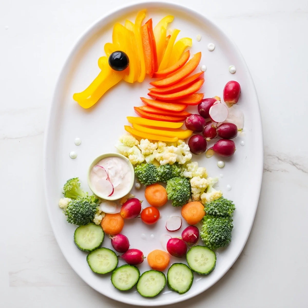 Vibrant Seahorse Veggie Dip Platter: a creative arrangement of fresh vegetables with creamy dip.