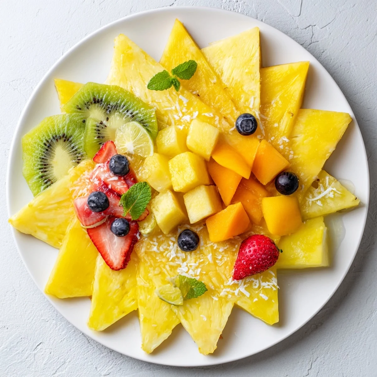 Golden slices of tropical fruits in a vibrant Tropical Pineapple Sun Fruit Platter, perfect for summer.