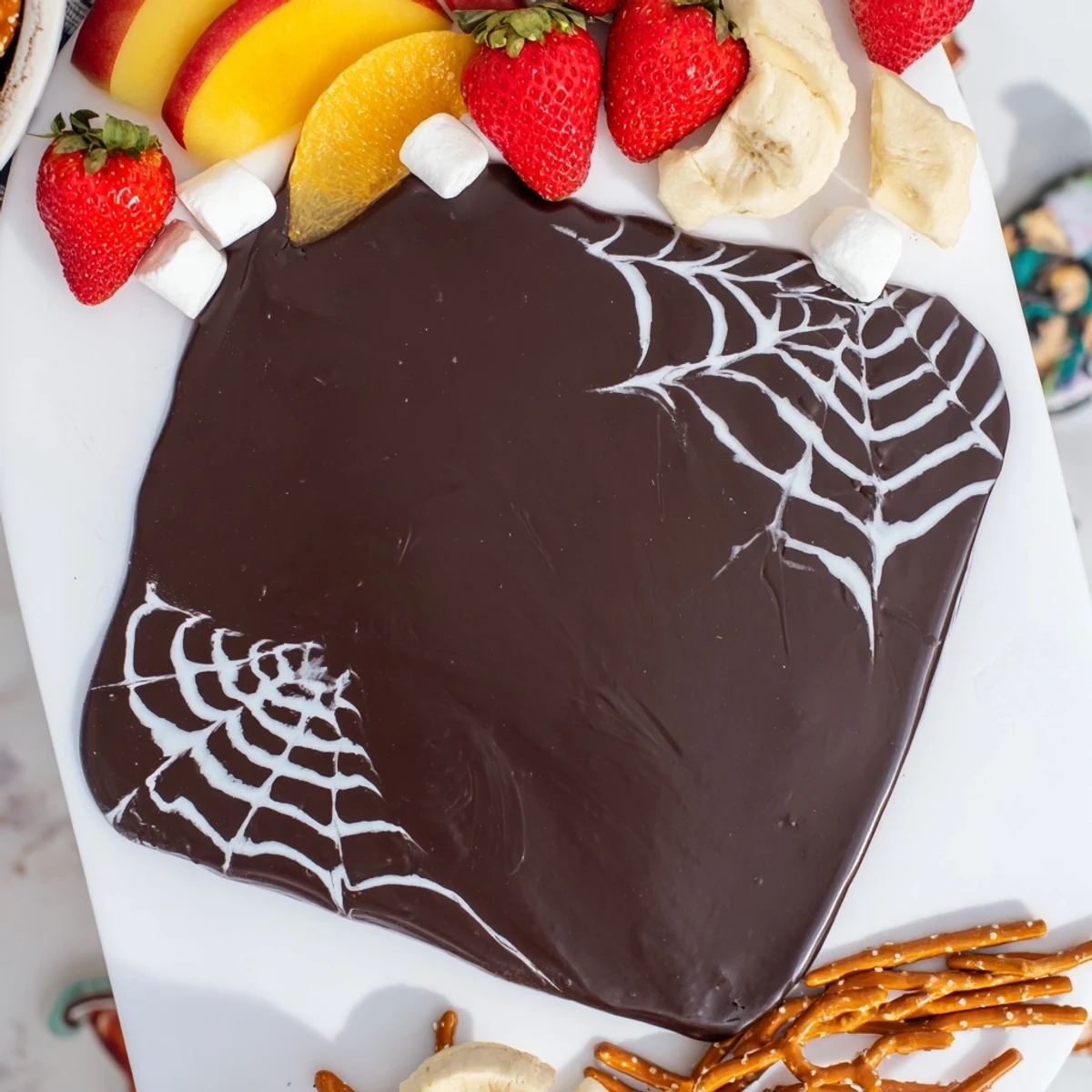 Rich dark chocolate ganache board with a delicate white chocolate spiderweb design for Halloween.