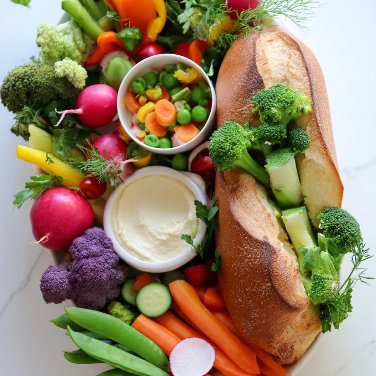 A vibrant Cornucopia Veggie Board brimming with colorful, crisp vegetables and creamy dips.