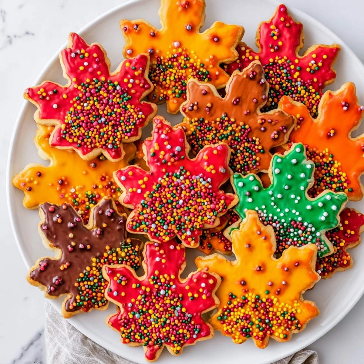 Vibrant Maple Leaf Cookie decorating kit, featuring colorful icing and autumn-themed sprinkles, ready to be enjoyed.
