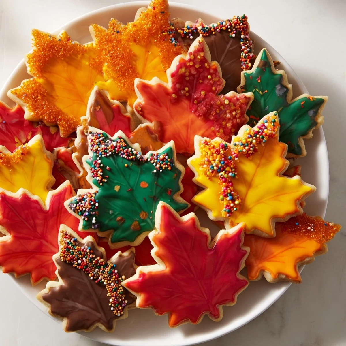Arrangement of delightful, frosted Maple Leaf Cookies with glittering sugar pearls, a festive autumn dessert.