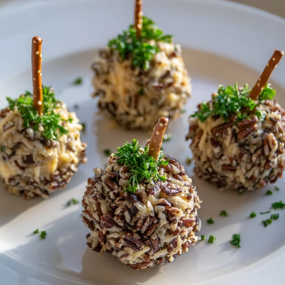 Close-up of savory acorn cheese ball bites, garnished with pretzel stems and fresh rosemary.