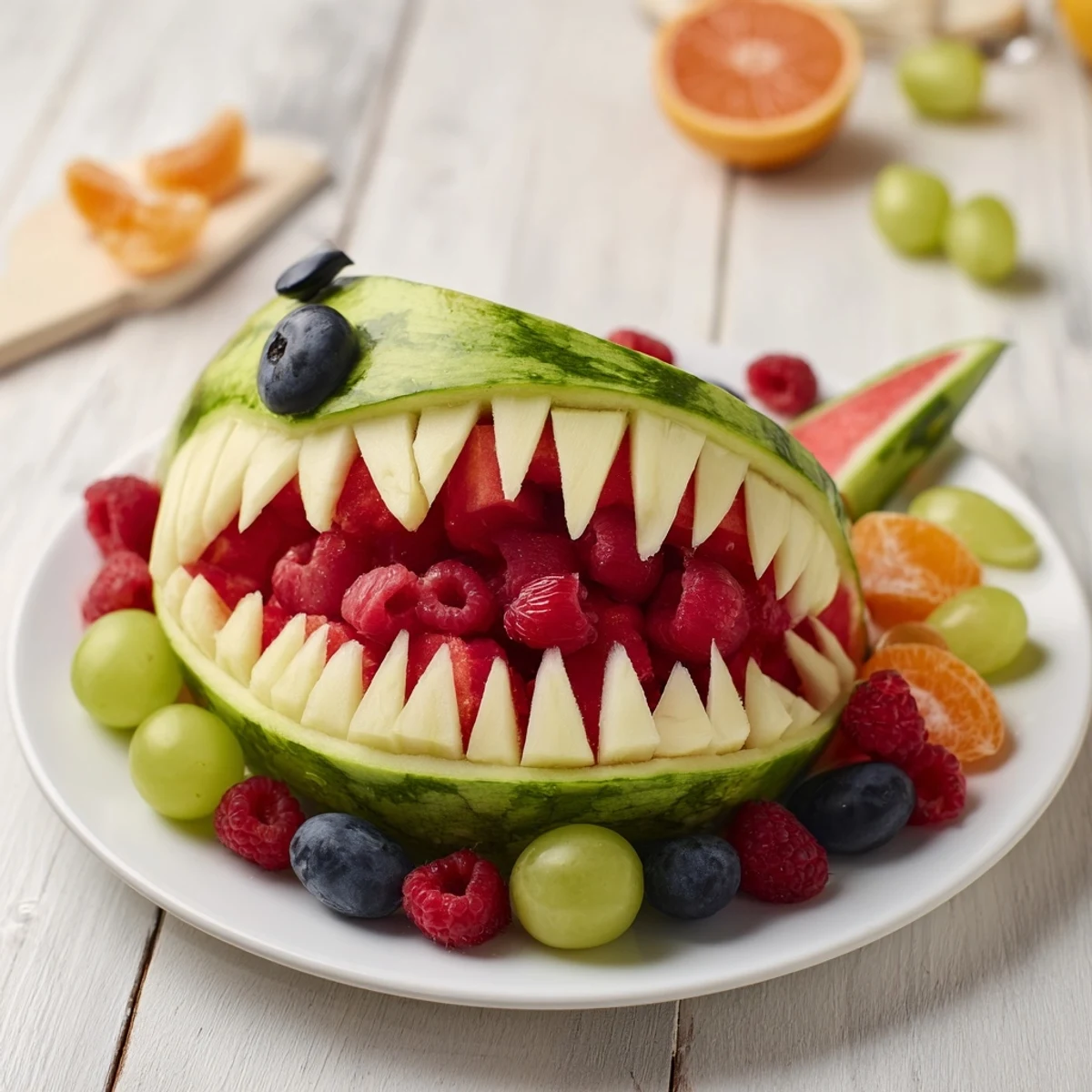 A vibrant Watermelon Shark Bite Board overflowing with fresh fruits, perfect for summer snacking.