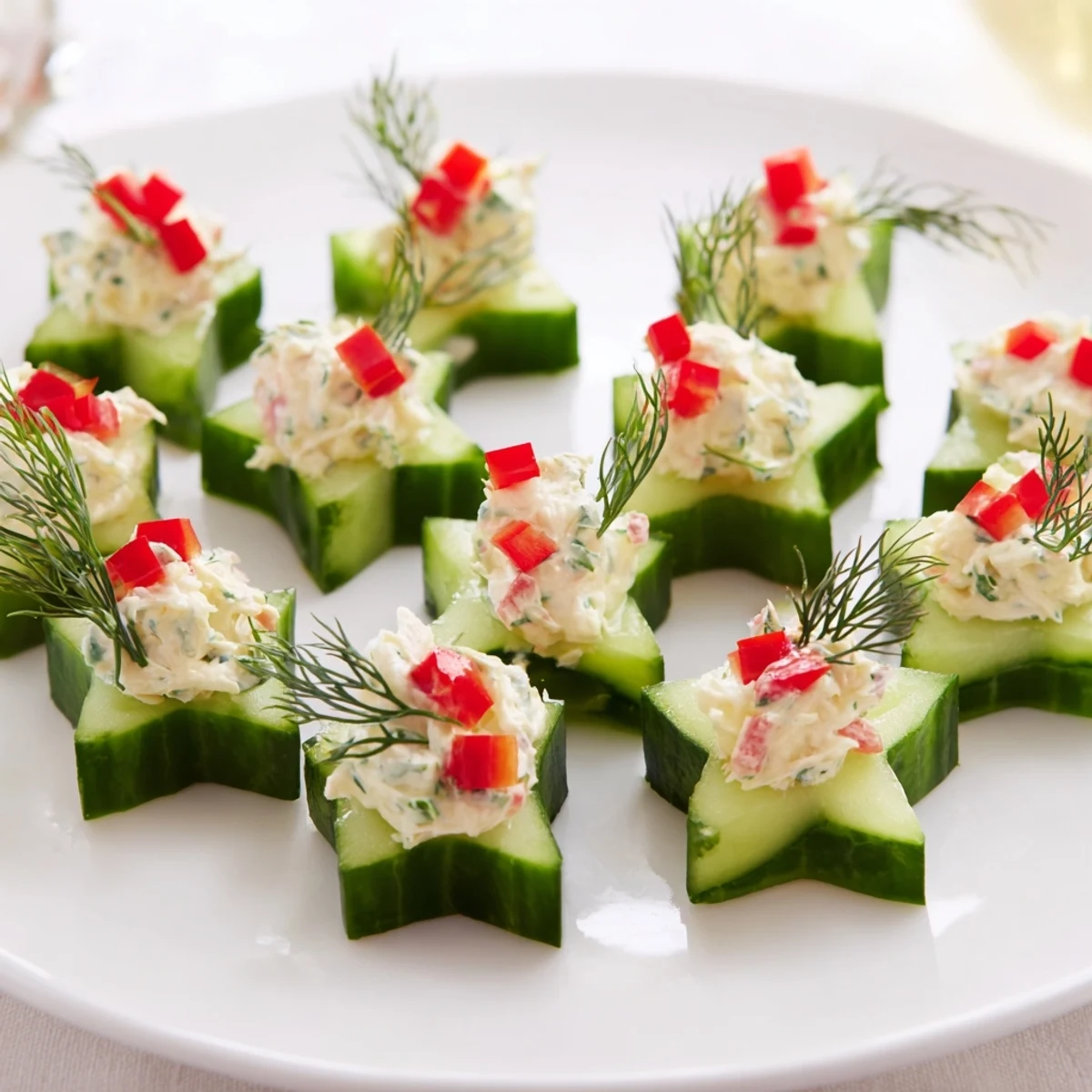 Cucumber and Dill Christmas Stars arranged on a platter ready to be enjoyed as a refreshing appetizer.